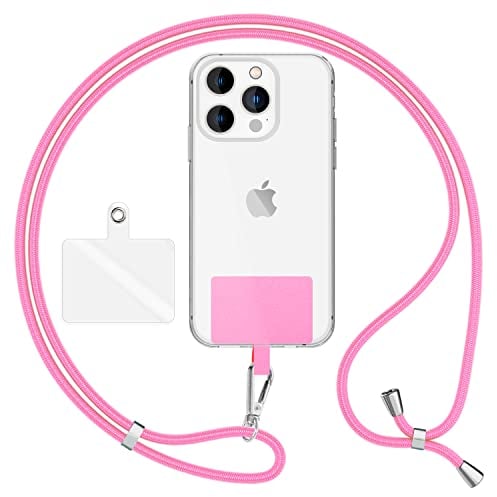 NALIA HoldMe Air Universal-Kette mit Pad, Band für Handy-Hülle zum Umhängen, Karabinerhaken aus Metall (silber), Schlüsselband Umhängeband 160 CM, Crossbody Lanyard mit Schlaufe, Farbe:Rosa