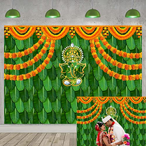 Diwali Hintergründe Indien Pooja Traditioneller Hintergrund für Fotografie 7x5FT Grün Bananenblatt Traditioneller Festival Hintergrund Puja Ganpati Hochzeit Party Dekorationen Foto Requisiten