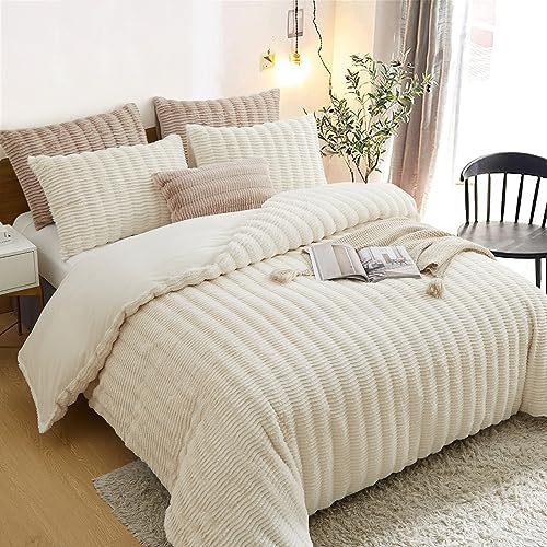 Lanqinglv Plüsch Bettwäsche 135x200 cm Weiß Flauschig Langhaar Kunstfell Winterbettwäsche Warm Kuschelig Flanell Fleece Cashmere Touch Bettbezug mit Reißverschluss und 1 Kissenbezug 80x80cm