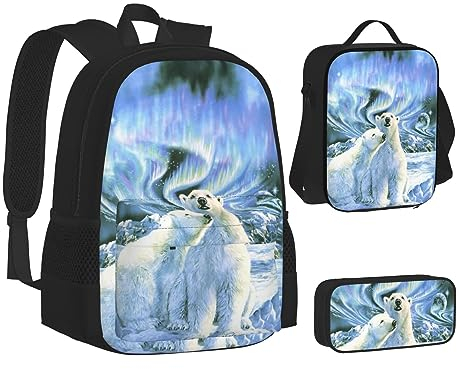 FLYIFE Brook Forelle Fliegenfischen, Schulrucksack, 3er-Set, Reise-Laptop-Rucksack mit Lunchtasche und Federmäppchen, Eisbären Nordlichter, One size