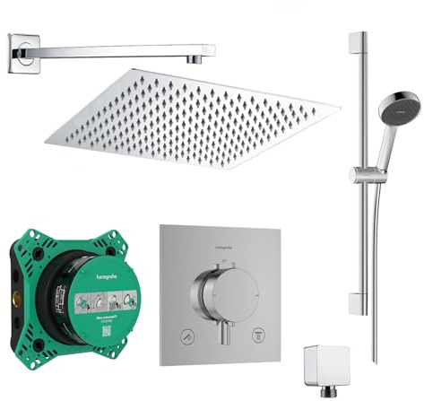 vanvilla Duschsystem Unterputz mit Duscharmatur Hansgrohe HG212 poliert | Duscharmatur von Hansgrohe Ecostat Comfort E Thermostat Armatur und vanvilla Regendusche eckig, Duschstange, Dusch-SET pol.