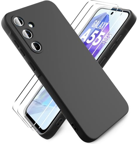 Ikziwreo - Hülle für Samsung Galaxy A55 5G Handyhülle, mit 2 Stück Displayschutzfolien, Reiner Farbe Ultradünne Weich Silikonhülle, Stoßfeste Anti-Scratch Gummi Schutzhülle - Schwarz