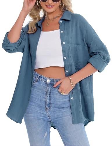 Aottori Musselin Bluse Damen Oversize Hemdbluse Oberteile Langarm Hemd Longbluse Langarmshirt Elegant V-Ausschnitt Baumwolle Lockere Blusenshirt Blusen Tunika mit Tasche Blau 2 M
