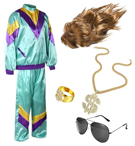 TK Gruppe Timo Klingler 5x Vokuhila 6 in 1 Set 80er Outfit Kostüm mit Unisex Trainingsanzug, Assi Perücke, Goldkette, Brille - für Fasching & Karneval (170-190 cm)