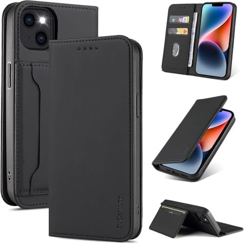 S. Dawezo Handyhülle für iPhone 14, Premium Leder Klappbare Flip Case [Stoßfeste][Magnetische][Standfunktion] [Kartenfächern] Tasche Schutzhülle für iPhone 14- Schwarz