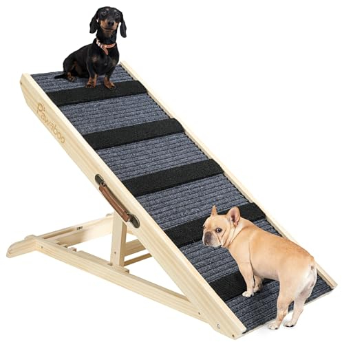 Pawaboo Rampa para Perros Cama, Rampa para Mascotas Madera, 4 Altura Ajustable29,5/37/45/57cm con Alfombra Antideslizante, Escalera de Perros Pequeños Medianos Gatos para Sofá Cama Coche, Madera