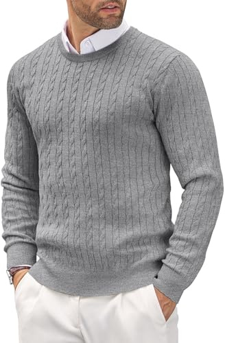 COOFANDY Men's Crew Neck Jumper Cable Knitted Lightweight Jumper Slim Fit Long Sleeve Casual Pullover Sweater