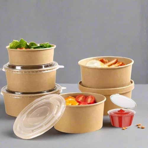 HOT BARGAINS 26oz Kraft Paper Salad Bowls with Lids and Sauce Pots, 50 Sets