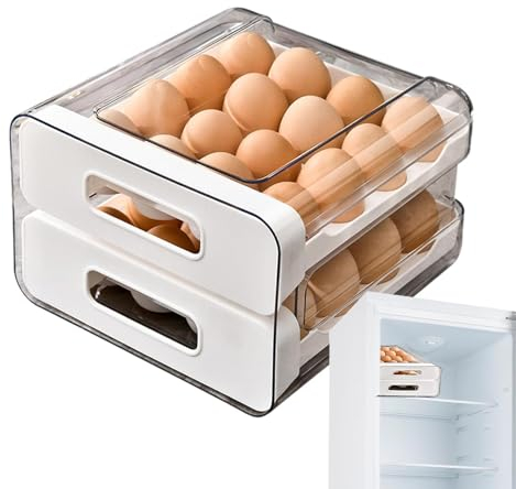 Egg Storage Drawer Container, 2-Layer 32 Grid Egg Storage Drawer Box, Clear Egg Storage Box, Egg Drawer for Fridge, Egg Organizer for Refrigerator, Egg Tray with Handles