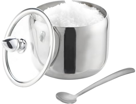 IBWell Sucrier argenté de 283,5 g avec couvercle et cuillère pour café, bar, cuisine, accessoires pour assaisonnement, sucre, sel, grains de café