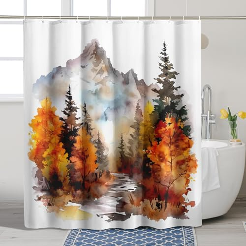 Rideau de douche motif montagne, rideau de douche aquarelle forêt d'automne pour décoration de salle de bain, paysage d'automne moderne, ensemble de rideau de douche en tissu imperméable avec crochets