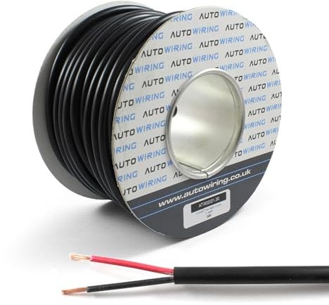 Automotive Round Twin 2 Core Cable 12v 24v Thin Wall Wire (11 AMP Rated 0.5mm²) 10/30/50/100 Metre (30M Roll)