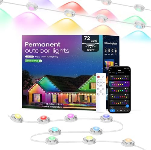 TSOCOS Permanent Außenbeleuchtung, 100ft Smart Outdoor Lights mit 72 LED Lichtern, IP65 Wasserdichte Outdoor String Lights mit Fernbedienung, RGB Trauflichter für Halloween Dekorationen, Weihnachten