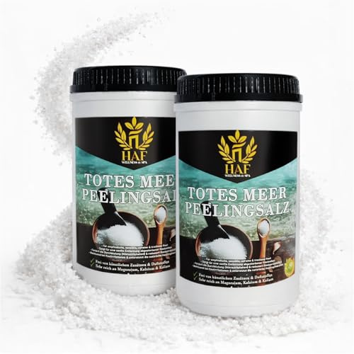 HAF – Totes Meer Peelingsalz (2 x 1 kg Dose) – Naturreines Körper-Peeling aus Jordanien. Für trockene Haut & Gesicht in Sauna, Dusche oder Dampfbad verwendbar, Vegan & ohne Zusatzstoffe