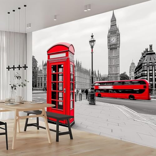 Photo Wallpaper London 3D Effect City Street Phone Booth Wall Mural Decoration Poster Picture Modern Design 150x105 cm Murals Wall Art for Living Room Bedroom Kitchen a.649
