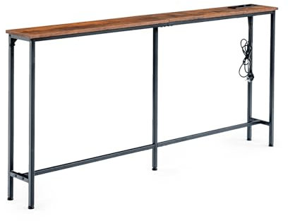Ginhow Konsolentisch 180cm Breit mit Steckdose fürs Wohnzimmer, Regal Flur Schmal mit 2 USB und 2 Steckdosen, Schmaler Konsolentische in Braun mit Schwarzem Metall, Vintage Console Table 80cm Hoch