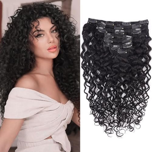 Fulang Hair Kinky Curly Clip in Hair Extensions Echthaar 60cm 8PCS 120g Natürliches Schwarz Haarteile Echthaar Extensions Clip in Haarverlängerung für Frauen
