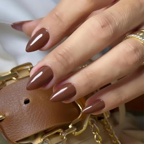 SXVME Light Brown Press on Nails Short Almond Shaped, 30 Pcs Thick Short False Nails Press ons Natural Acrylic Fake Nails Custom Solid Color Natural Fit Glue on Nails Medium For Women