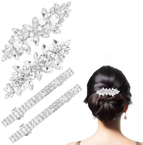 Tyqour 4Pcs Diamante Hair Clips for Women Rhinestone Flower Hair Barrettes Elegant Crystal Hairpins Silver Bridal Hair Pins Wedding Hairs Accessories for Bride Bridesmaid Party