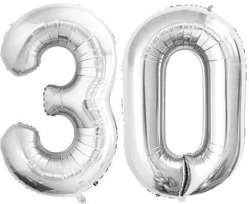Geburtstags-Zahlenballons XXL-Riesen-Folienballons 40 Zoll – 101 cm Luftballons Geburtstag Jungen Mädchen Babyparty Geburtstagsdekorationen Jubiläumsparty-Dekorationen (Silber, 30)