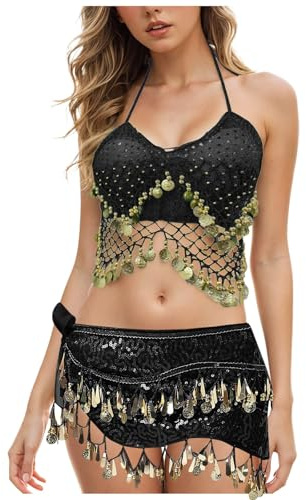 Pailletten Oberteil Damen Bauchtanz Kostüm Glitzer Oberteile BH mit Münzen Neckholder Rückenfrei Karneval Halloween Rave Festliche Party Pailletten Top Latin Indian Belly Bauchtanz Oberteile