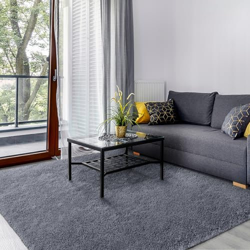 SOANNY Hochflor Wohnzimmer Teppich, Einfarbig Grau, Waschbar, Anti Rutsch, Flauschig Teppiche, Flauschige Moderne Matte für Schlafzimmer Kinderzimmer, 90 x 150 cm