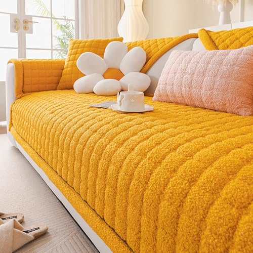 HGTRH Sofa üBerzug für Ledersofa rutschfest, Couch üBerzug L Form XXL 4 Sitzer Mit Rundung, Warm Weich Lamm Samt Sofa Schutzdecke Ecksofa, Couchbezug Stretch Bezug für Sofa Sitzkissen Yellow 70 * 210