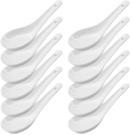 LATRAT Juego de 12 cucharas de sopa de cerámica, cucharas soperas, cucharas de porcelana, cucharas para servir cuencos de arroz, ramen, entrantes, postres, color blanco, 12