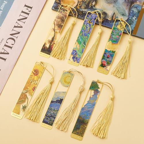 ZOUIQSS Metall-Lesezeichen mit Quaste, goldenes hohles Lesezeichen, Ölgemälde-Thema von Van Gogh, 6 Stück, Stil 3
