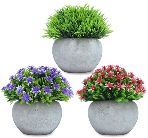 CHDITB 3 Pcs Artificial Flowers,Potted Artificial Plants Flower,Mini Plastic Floral In Pots,Faux Greenery Grass Potted Floral,Faux Green Plants Pot for Home Bathroom Office shelf Table Garden Decor