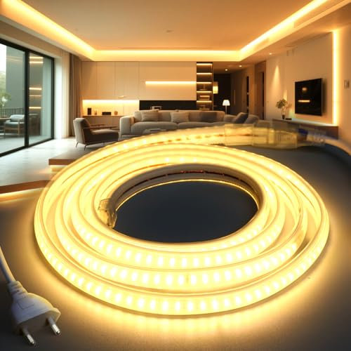 BRIMETI LED Streifen 10M 230V Neon Strip IP65 Wasserdicht Aussenbereich Warmweiß 3000K 145LEDS/M mit Netzteil und Stecker, Flexibel DIY LED Band Lichtband für Außen und Innen Wohnzimmer Küche Deko