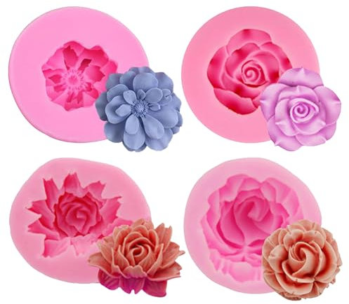 4 stampi in silicone a forma di fiore 3D, forma di fondente a forma di fiore, forma di rosa, forma in silicone, forma di rosa in resina, forma per torte, cioccolato, caramelle fatte a mano.
