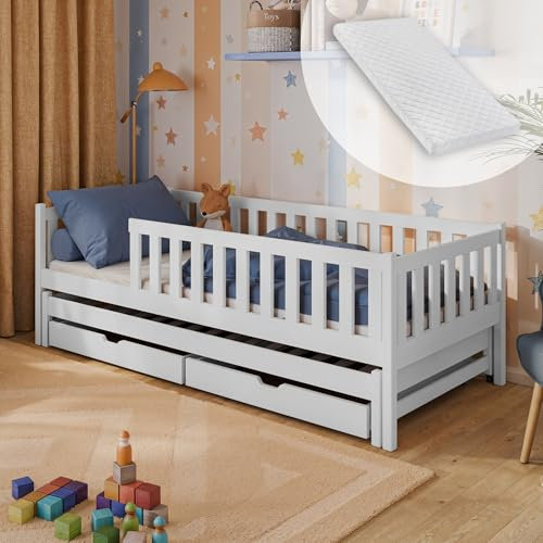 Kinderbett 90x200 mit Ausziehbett und Zwei Schubladen, Rausfallschutz, Lattenrost und Matratze, Kinder Bett | weitere Größen: 80x160, 80x180, 90x190cm | 90x200cm: von 4. bis 18. Lebensjahr, Weiß