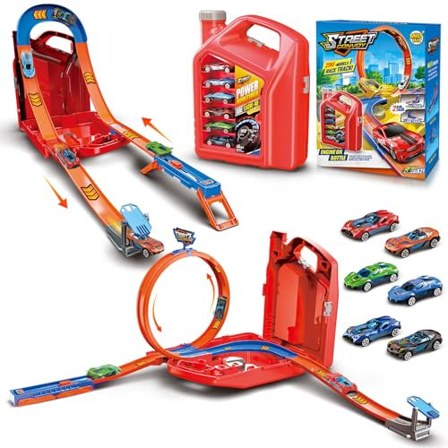 Charmofun Autorennbahn für Kinder, Rennstrecke Auto Spielzeug mit 6 Autos, Aufbewahrungsbox, Auto Rennbahn Mit Looping und U Track, Portable Spielzeug autorennbahn für Kinder ab 3+ Jahre (Rot)