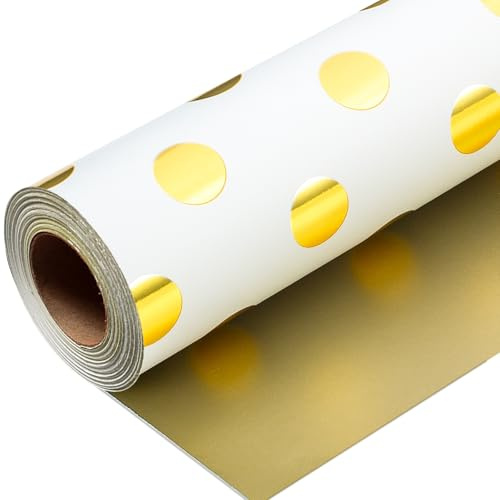 Wikadlik Geschenkpapierrolle mit goldenen Punkten, 43 cm x 10 m, weißes Geschenkpapier für Geburtstag, Valentinstag, Muttertag, Vatertag, Hochzeit, Abschlussfeier, Weihnachten