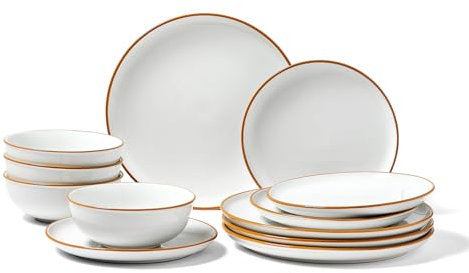 VEVOR Servizio da tavola 12 pezzi per 4 persone, piatti e ciotole rotondi, stoviglie in ceramica resistente ai graffi, per lavastoviglie e microonde, per dessert, insalate, zuppe, pasta, bianco