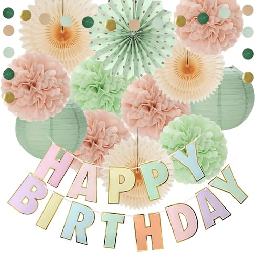 DAMIHAI Geburtstagsdeko Salbeigrün Hellrosa: Salbeigrün Papierfächer, Papierlaterne, Pompons, Happy Birthday Banner für Geburtstage, Babypartys, Hochzeiten & Gartenpartys
