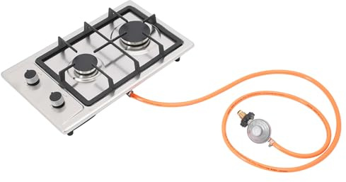 OUKANING Tragbarer Gasherd 2 Brenner, Edelstahl Campingherd mit Druckreduzierventil und Sicherheitsknopf, LPG/NG Einbauherd für Wohnmobil Outdoor Küche, mit Topfgestell und Gasschlauch (Silber)
