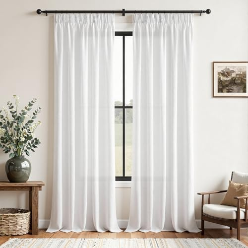CUTEWIND Weiße Gardinen Leinen Gardinen Schlafzimmer Landhaus Gardine 2er Set 245 cm Höhe 140 cm Breite, Vorhang Leinenoptik Weiß Halbtransparent mit Kräuselband Schiene Wohnzimmer Fenster