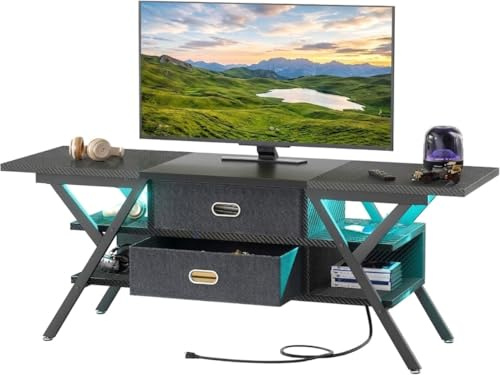iSunirm LED TV Stand for 55 Inch TV, Modern Black Entertainment Centre with Power Outlets & USB Ports, Gaming Media Console with Glass Shelves, Industrial TV Table for Living Room