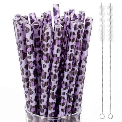 Zopeal 27 Pcs Reusable Leopard Straws Bulk Plastic Cheetah Animal Straws and Cleaning Brush for Women Tumblers Drinking Safari Wild Birthday Party Favors (Purple)