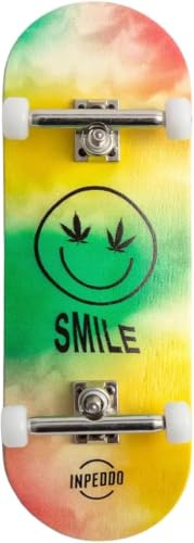 Inpeddo Fingerboard Smile Tie Dye 34mm 3rd Gen Komplettset – 5 Lagen Canadian Maple Deck, CNC Wheels mit Kugellager, 100mm Mini Skateboard, Foam Grip Tape, Single Axle Trucks, inkl. Tool & Extra Grip