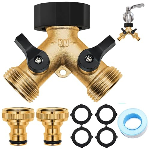 2 Way Garden Hose Splitter, 2 Way Brass Hose Splitter, Double Way 3/4 Hose Connector, Y Valve Tap Connector, with Individual On/Off Valves and Two Quick Connector for Outdoor, Garden, Courtyard, Lawn
