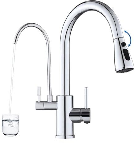 ROVOGO Chrome 3 Way Kitchen Mixer Tap with Water Filter & Pull Out Spray, Monobloc Dual Lever Mixer Sink Tap, High Arc Stainless Steel 304 Kitchen Faucet 360° Swivel, C-Spout