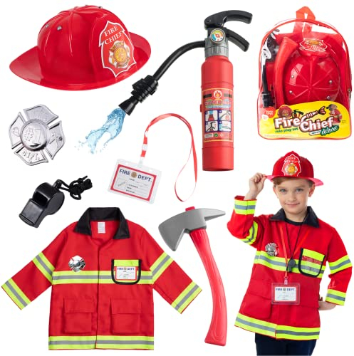 Born Toys (8-teiliges waschechtes Feuerwehrmann-Kostüm und Feuerwehrmann-Zubehör mit echtem Wasserschießen-Feuerlöscher Ideal für Halloween