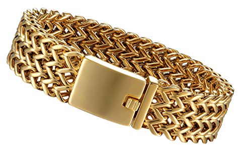 Flongo Herren Armband, 19mm Breit Groß Edelstahl Armband Armreif Cuban Curb Gliederkette Francokette Armkette Fahrradkette Motorradkette Gold Biker für Männer Accessoires Herrenschmuck