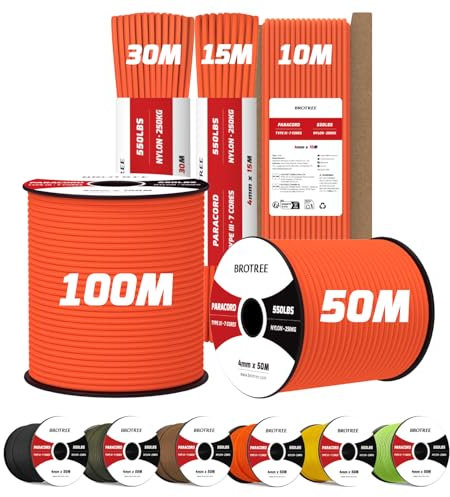 Brotree 4mm Paracorde 550 7 Brins Corde en Nylon 30M Type III Corde Parachute pour Survie, Extérieur, Bricolage - 250kg Charge de Rupture (Orange)