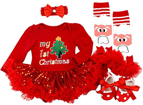 BabyPreg Neonate Il Mio Primo Natale Babbo Costume del Partito del Vestito 4PCS (9-12 Mesi, Primo Albero di Natale)