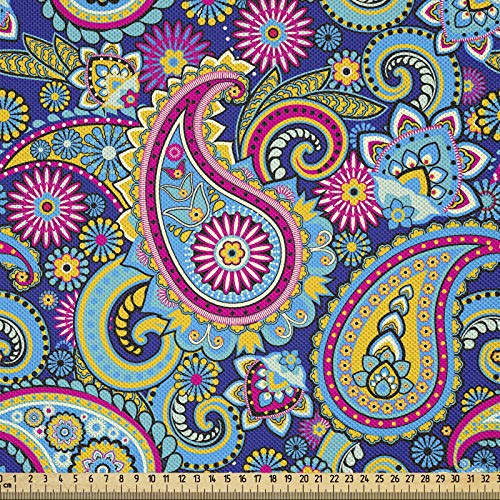 ABAKUHAUS Paisley Satin Stoff als Meterware, Bohem ethnischen bunten, Zum Nähen Toller Stoff für Heimtextilien Aller Art, 3M (148x300cm), Königsblau Gelb