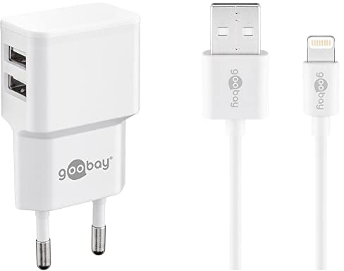 Goobay 44979 USB Netzteil + Ladekabel Set / 2 Port Adapter für Steckdose – 2,4 A (12W) USB-Netzteil mit Schutzelektronik/inkl. 1m Lightning Kabel/Weiß
